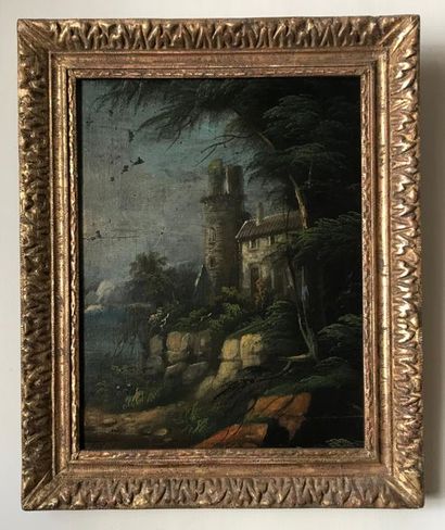 null 19th century
FRENCH SCHOOL The house with the tower
Oil on panel
34 x 26 cm
Gilded
stucco...