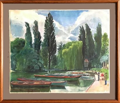 null J.P. BORDAS, XXe siècle
Le lac du Bois de Boulogne
Aquarelle
Signé et daté 82...