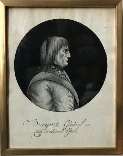 null 19th
century FRENCH SCHOOL Portrait of Bonaparte in profile
 Ink drawing in...