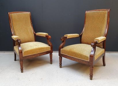Pair of large low armchairs with high backs...