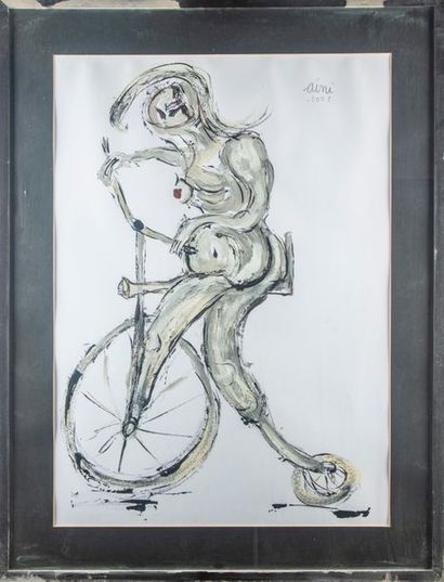 Philippe AINI Philippe AINI (1952) La femme à bicyclette Huile sur papier signée...