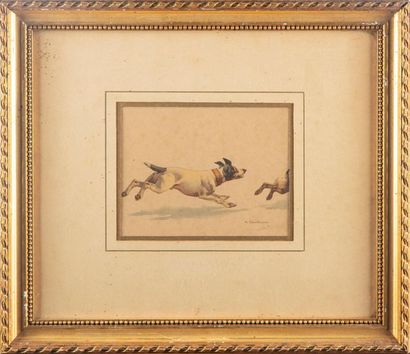 DE CONDAMY Charles Fernand De CONDAMY (1855-1913)
A dog chasing a hare
Watercolour...