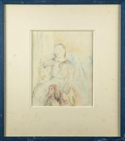 DORAT-IBELS Charlotte DORAT-IBELS (1904 -?) Portrait de femme au chien Dessin couleurs...