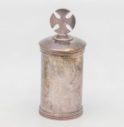 null Pot à Saint Chrême en métal argenté (petite bosse), écrin en buis