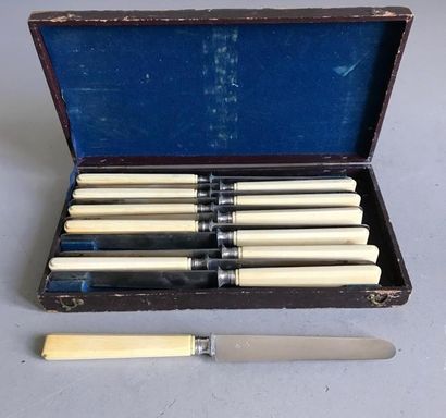 null Twelve fruit knives with silver blade and moulded ivory handle. Silver plated...