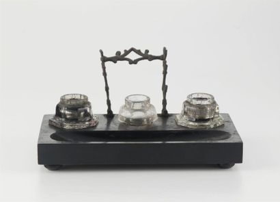 null Rectangular inkwell made of blackened wood with three ink bottles (without lids)...