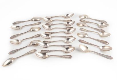 null Set of 23 small silver plated metal spoons, mismatched