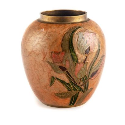null Enamelled brass ball vase with tulip decoration.
Height : 17 cm
