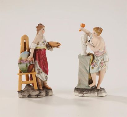 null Pair of polychrome and gilded porcelain statuettes representing allegories from...