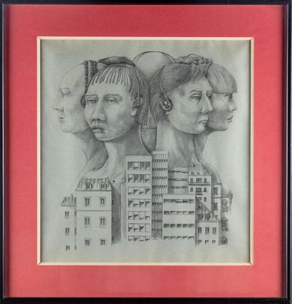 Gilet Jean Jacques GILET - XXe
Les visages de la ville 
Monogrammed pencil 
drawing...