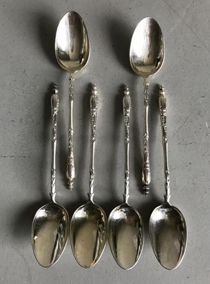 null Suite of six small silver plated metal spoons with cylindrical stem chiselled...