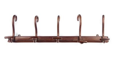 THONET THONET
Varnished wooden wall coat rack. Cica 1900
Label on the back and stamp...