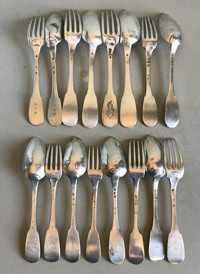 null Set of eight silver table cutlery, single flat model, some with figures. 18th...