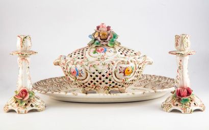 null Tureen-shaped potpourri on its frame and candlesticks in polychrome earthenware...