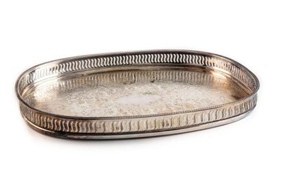 null Oval silver metal tray with engraved decoration and openwork border. English...