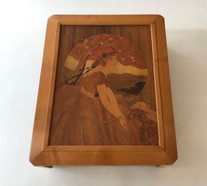 null Jewelry box made of veneer wood. The lid uncovering a mirror is inlaid with...