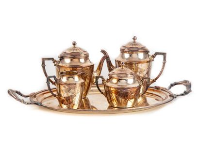 null Tea and coffee set in silvery metal decorated with flowers in the Art Deco spirit,...