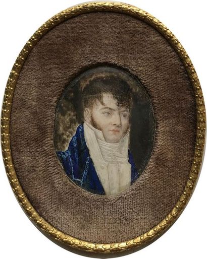 null FRENCH SCHOOL circa 1820
Portrait of a man in a blue frock coat
Oval miniature...