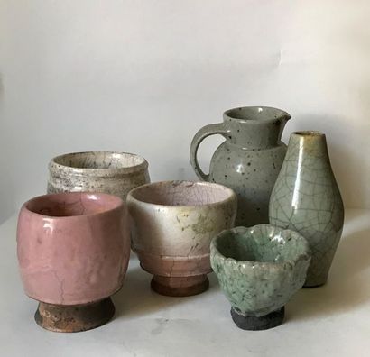 ROUZAUD Alain ROUZAUD and others ... 
 Set of six celadon glazed ceramic vases, bowls...