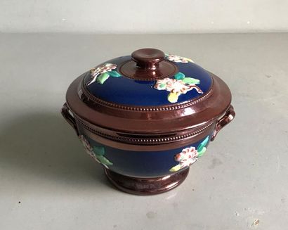 JERSEY JERSEY
Earthenware sugar bowl with metallescent roof and blue glazed part...