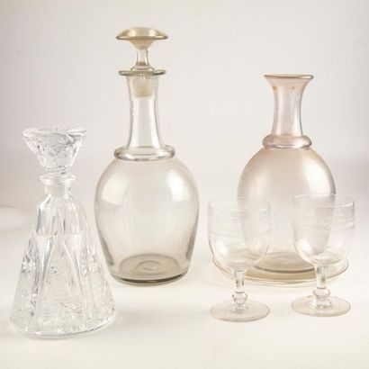 null Set of two glass decanters, one cork is joined, one bohemian cut crystal decanter,...