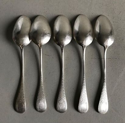null Suite of five small silver spoons with guilloché decoration. Louis XVI style....