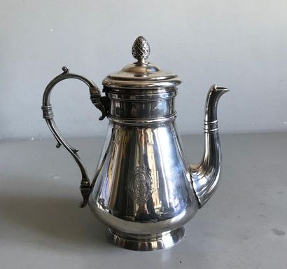 null Large silver metal coffee pot on small heel. Moulded spout. Moulded and ringed...