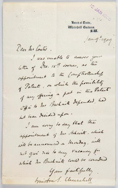 CHURCHILL CHURCHILL (Winston). Autograph letter signed, to "Mr. Coats", January 9,...