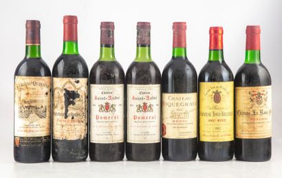  7 bouteilles :  2 CHATEAU SAINT ANDRE 1982 Pomerol, 1 CHATEAU ROQUEGRAVE 1986 Médoc,...