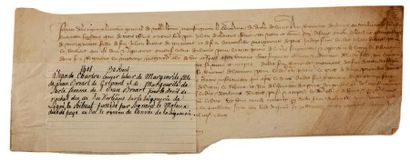 LOIRET [LOIRET] Charter, in French, August 30, 1401. 11 x 31 cm, 12 1/2 lines, on...