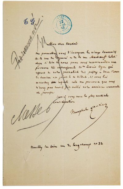 GAUTIER GAUTIER (Theophilus). Autograph letter signed, addressed to "my dear Vandal",...