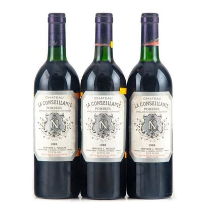 null 3 bottles CHATEAU LA CONSEILLANTE 1988 Pomerol (light low levels, damaged, stained...