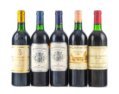 null 5 bouteilles : 1 CHATEAU TROTANOY 1977 Pomerol, 1 VIEUX CHATEAU CERTAN 1984...