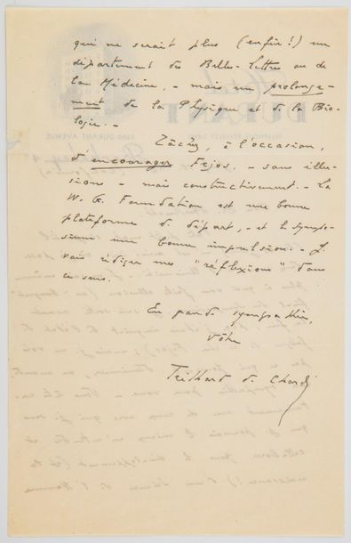 TEILHARD DE CHARDIN TEILHARD DE CHARDIN (Pierre). Lettre autographe signée, à [Erwin...