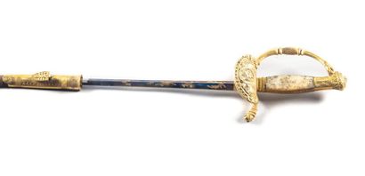 null Uniform sword, staff type, ormolu and chiselled bronze hilt with one guard branch,...