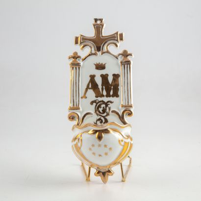 null Enamelled porcelain benitier with fleur-de-lys decoration and the initials AM...