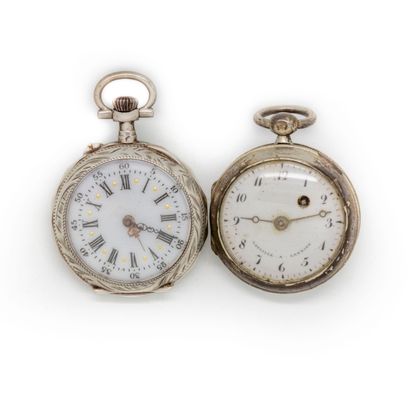 null Set of two ladies neck watches, one in silver, the other in silver plated m...