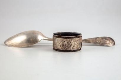 null Set of two spoons with silver "BT" numbers. Attached is a silver napkin ring.

Minerva...