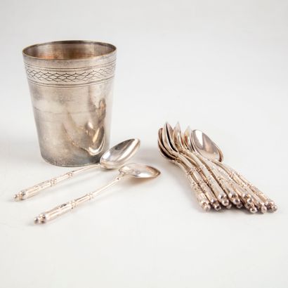 null 12 small silver metal spoons with moulded handle. A silver plated metal timbale...