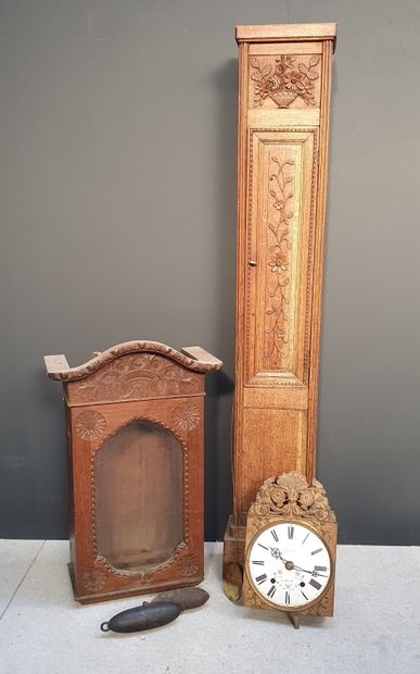 null Set of Norman clock elements and mechanism in natural wood decorated with bouquets...