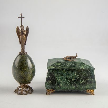 null Hard stone egg, surmounted by a metal angel, a small hard stone box surmounted...
