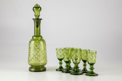 null Green coloured glass liqueur set comprising a carafe and 7 glasses