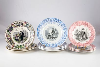 null Set of 11 enameled earthenware dessert plates with scenery printed on them....