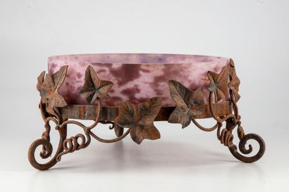 null Art Nouveau style planter, made of purple multilayer glass and wrought iron...