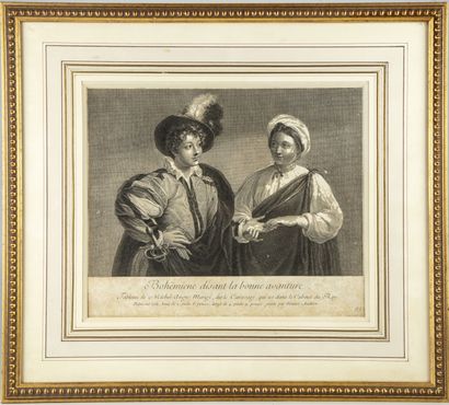 null According to Caravaggio, engraved by Benoist Audran, 

Gypsy fortune teller

Engraving

XIXth

H....