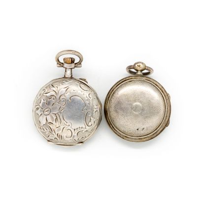 null Set of two ladies neck watches, one in silver, the other in silver plated m...