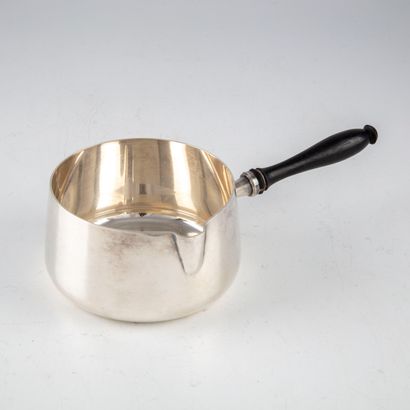 null Small domed silver-plated metal saucepan with spout and blackened wooden handle....