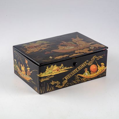 null BISCUIT OLIBET 

Small lacquered wooden advertising box decorated with carp...