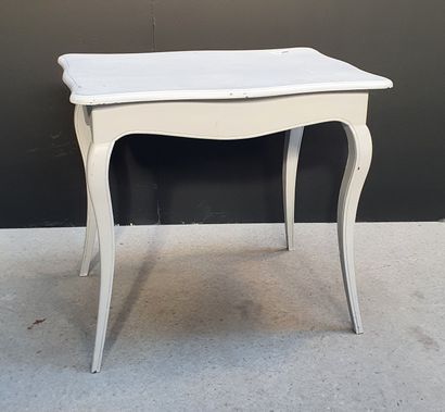 null Small rectangular table in painted wood, grey in colour, resting on curved legs....