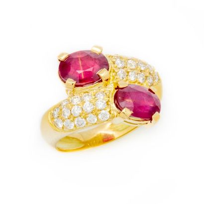 null 18 k yellow gold ring in you and me with two rubies weighing 4.29 cts and paved...